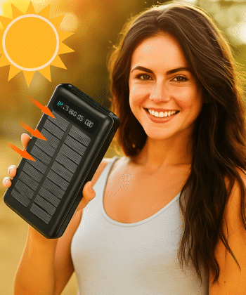 Solar Power Bank 10,000 mAh With Torch Light with 4-in-1 Cable – 4 USB Outputs, 15W Fast Charging, Type-C & Micro Input, LED Display, For Android Mobiles, Iphone, Smartwatch, Bluetooth Speakers